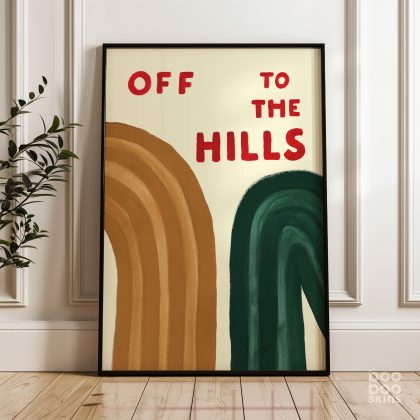 Hiking art print in a naïve painted style saying "Off To The Hills"
