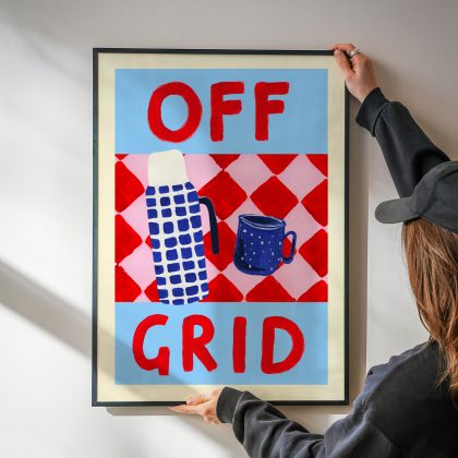 Off Grid Art Print. Hand painted with a flask, a camping mug on an abstract pink and red chequered picnic blanket.