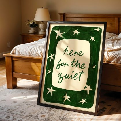 Here for the quiet, hand painted art print in forest green with star shapes.
